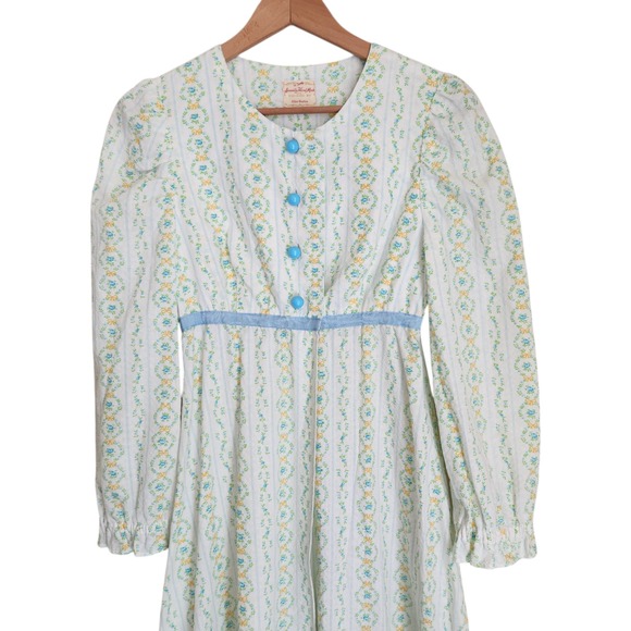 70s Vtg Handmade Maxi Prairie Dress Roses Floral Seersucker cottagecore - Picture 8 of 16